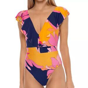 Trina Turk Multi Breeze Ruffle Plunge One Piece Swimsuit